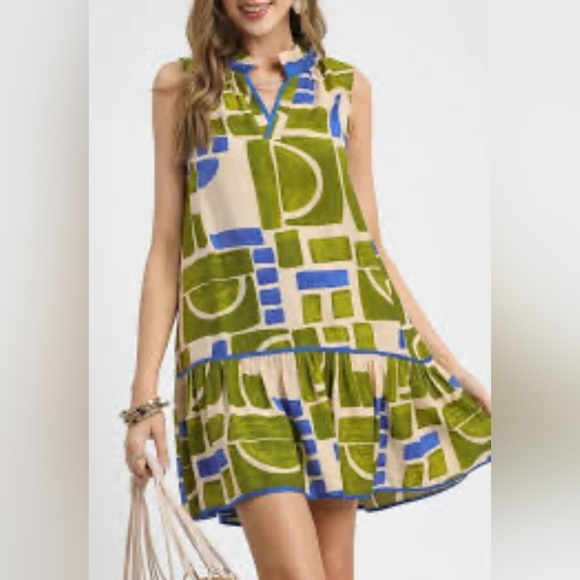 Umgee Dresses & Skirts - UMGEE BOHO GEOMETRIC PRINT SLEEVELESS  
 TIERED MINI DRESS GREEN BLUE SIZE M
